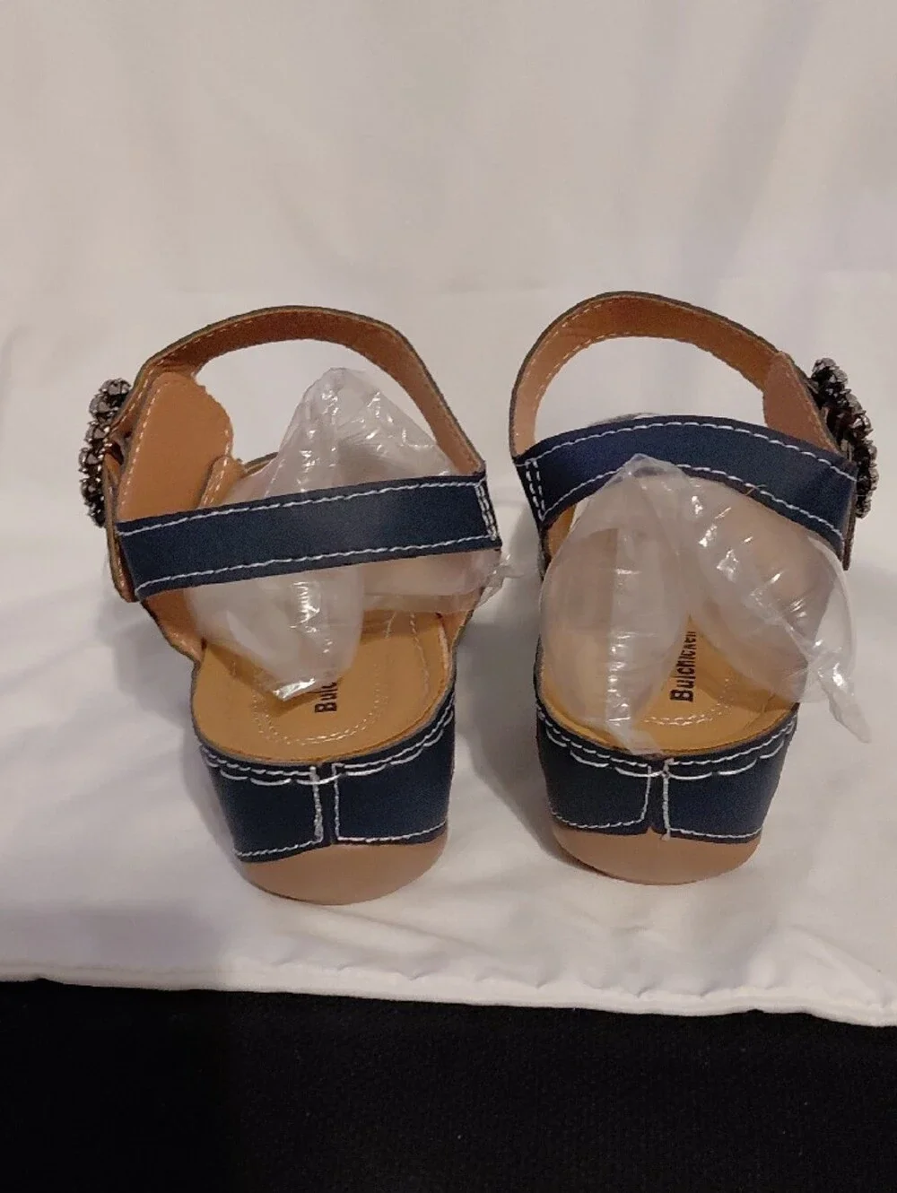 Women's Navy Wedge Sandals with Rhinestone Buckle